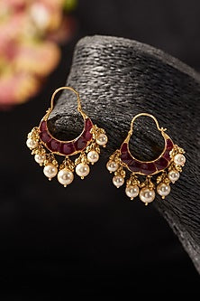 Gold Finish Ruby & Pearl Hoop Earrings In Sterling Silver