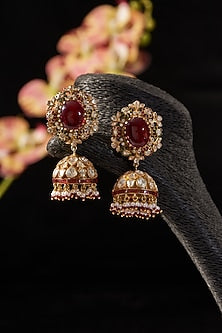 Gold Finish Ruby & Moissanite Polki Jhumka Earrings In Sterling Silver