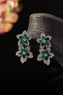 White Finish Emerald & Zircon Dangler Earrings In Sterling Silver