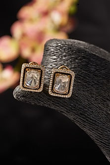 Gold Finish CZ & Moissanite Polki Stud Earrings In Sterling Silver