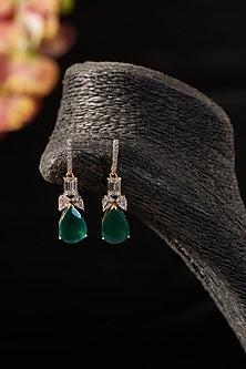 White Finish Emerald & CZ Dangler Earrings In Sterling Silver