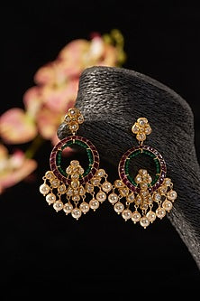 Gold Finish Ruby & Moissanite Polki Chandbali Earrings In Sterling Silver