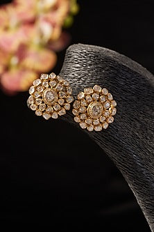 Gold Finish CZ & Moissanite Polki Stud Earrings In Sterling Silver