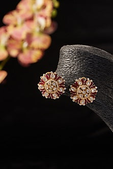 Gold Finish Ruby & Moissanite Polki Stud Earrings In Sterling Silver