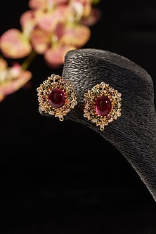 Gold Finish CZ & Ruby Stud Earrings In Sterling Silver
