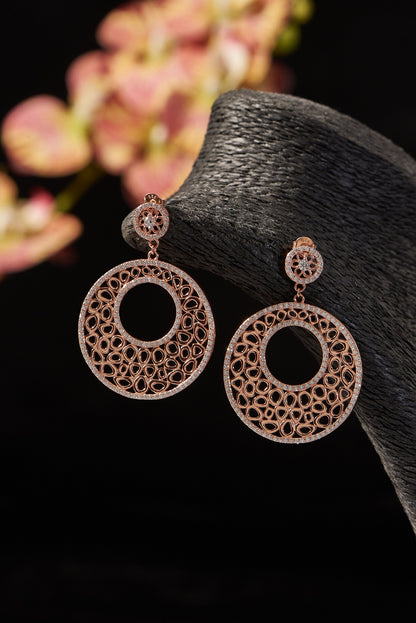 Rose Gold Finish CZ Dangler Earrings In Sterling Silver
