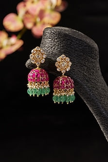 Gold Finish Moissanite Polki & Ruby Jhumka Earrings In Sterling Silver