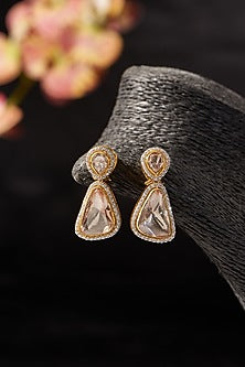 Gold Finish CZ & Moissanite Polki Dangler Earrings In Sterling Silver