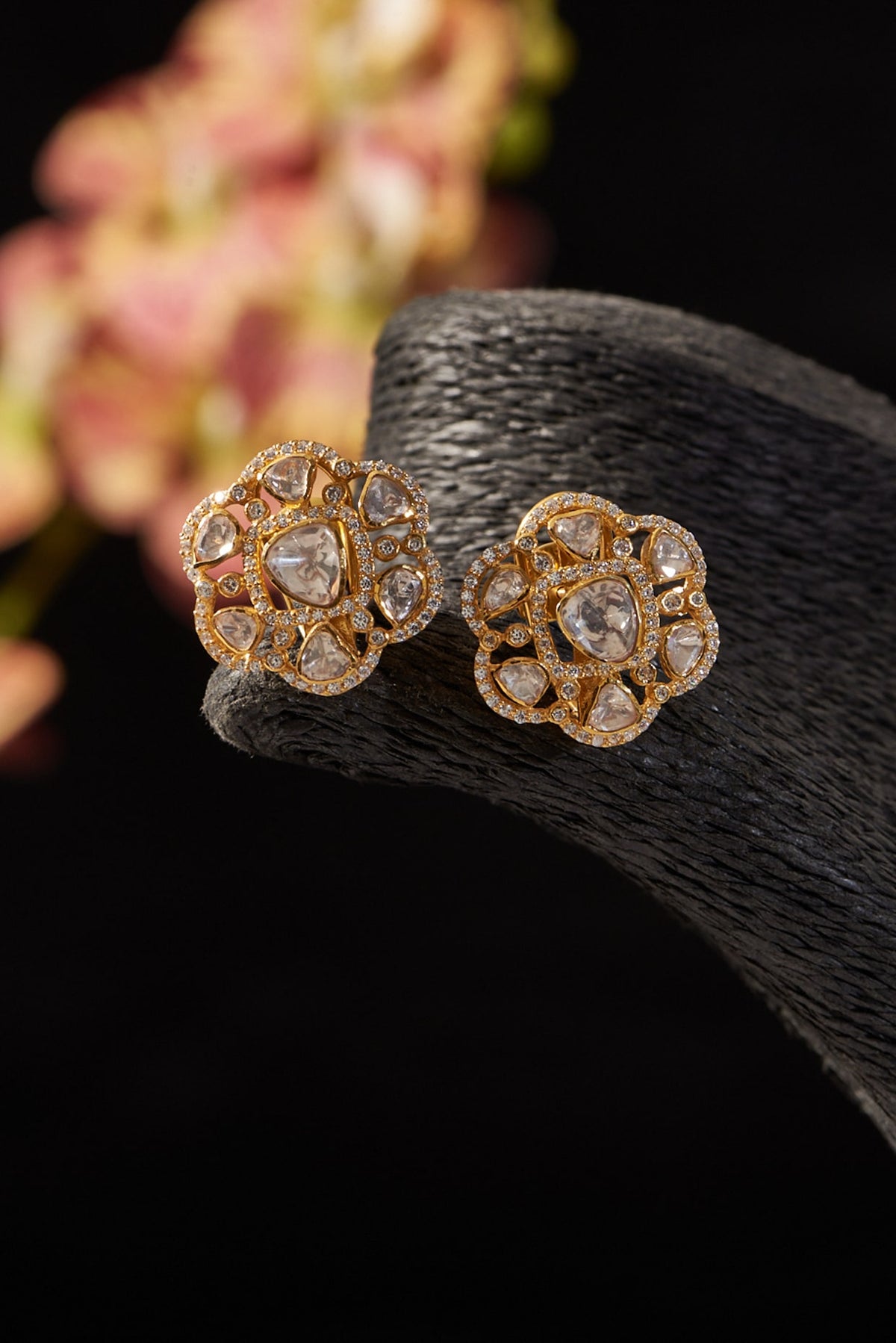 Gold Finish CZ & Moissanite Polki Stud Earrings In Sterling Silver