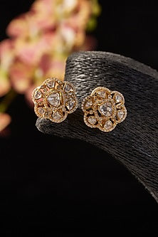 Gold Finish CZ & Moissanite Polki Stud Earrings In Sterling Silver
