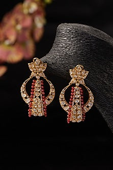 Gold Finish Synthetic Ruby Stone & Moissanite Polki Dangler Earrings In Sterling Silver