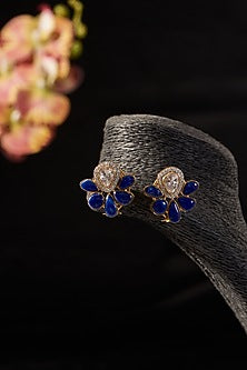 Gold Finish Lapis & Moissanite Polki Stud Earrings In Sterling Silver