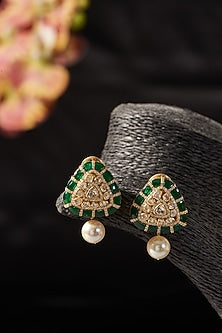 Gold Finish Moissanite Polki & Emerald Stud Earrings In Sterling Silver