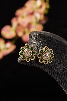 Gold Finish Synthetic Emerald Stone & Moissanite Polki Stud Earrings In Sterling Silver