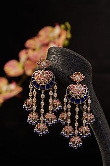 Gold Finish Synthetic Sapphire Stone & Moissanite Polki Meenakari Dangler Earrings In Sterling Silver