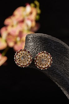 Gold Finish Synthetic Ruby Stone & Moissanite Polki Stud Earrings In Sterling Silver