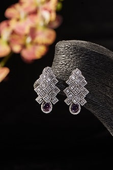 White Finish CZ & Amethyst Dangler Earrings In Sterling Silver
