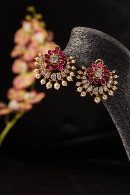 Gold Finish Synthetic Ruby Stone & Moissanite Polki Stud Earrings In Sterling Silver