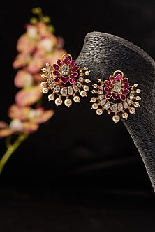 Gold Finish Synthetic Ruby Stone & Moissanite Polki Stud Earrings In Sterling Silver