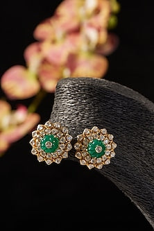 Gold Finish Synthetic Emerald Stone & Moissanite Polki Dangler Earrings In Sterling Silver