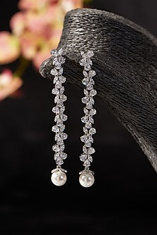White Finish CZ & Pearl Dangler Earrings In Sterling Silver