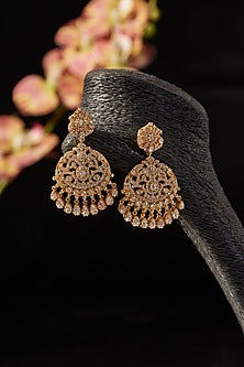 Gold Finish CZ & Moissanite Polki Dangler Earrings In Sterling Silver