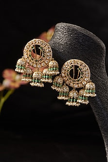 Gold Finish Synthetic Emerald Stone & Moissanite Polki Dangler Earrings In Sterling Silver