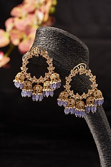 Gold Finish Synthetic Tanzanite Stone & Moissanite Polki Dangler Earrings In Sterling Silver