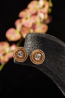 Gold Finish CZ & Moissanite Polki Stud Earrings In Sterling Silver