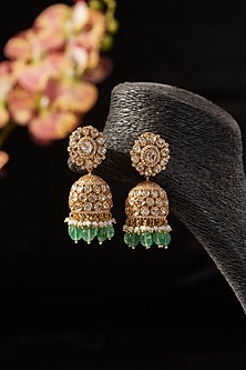 Gold Finish Synthetic Emerald Stone & Moissanite Polki Dangler Earrings In Sterling Silver
