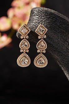 Gold Finish CZ & Moissanite Polki Dangler Earrings In Sterling Silver