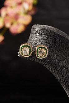 Gold Finish CZ & Moissanite Polki Meenakari Stud Earrings In Sterling Silver