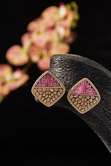 Gold Finish Synthetic Tourmaline Stone & Moissanite Polki Stud Earrings In Sterling Silver