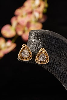 Gold Finish CZ & Moissanite Polki Stud Earrings In Sterling Silver