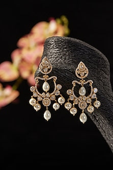 Gold Finish CZ & Moissanite Polki Dangler Earrings In Sterling Silver