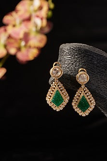 Gold Finish Synthetic Emerald Stone & Moissanite Polki Dangler Earrings In Sterling Silver