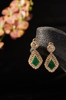 Gold Finish Synthetic Emerald Stone & Moissanite Polki Dangler Earrings In Sterling Silver