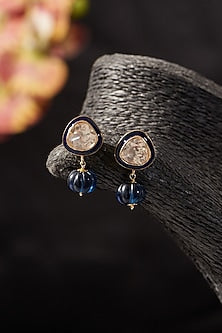 Gold Finish Synthetic Sapphire Stone & Moissanite Polki Dangler Earrings In Sterling Silver