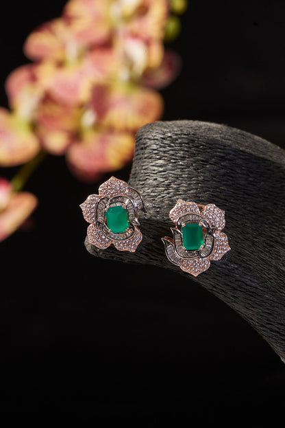 Gold Finish Synthetic Emerald Stone & CZ Stud Earrings In Sterling Silver