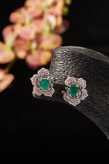 Gold Finish Synthetic Emerald Stone & CZ Stud Earrings In Sterling Silver