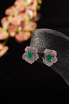 Gold Finish Synthetic Emerald Stone & CZ Stud Earrings In Sterling Silver
