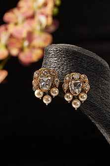 Gold Finish Pearl & Moissanite Polki Dangler Earrings In Sterling Silver