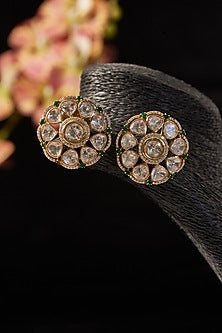 Gold Finish Moissanite Polki & CZ Stud Earrings In Sterling Silver