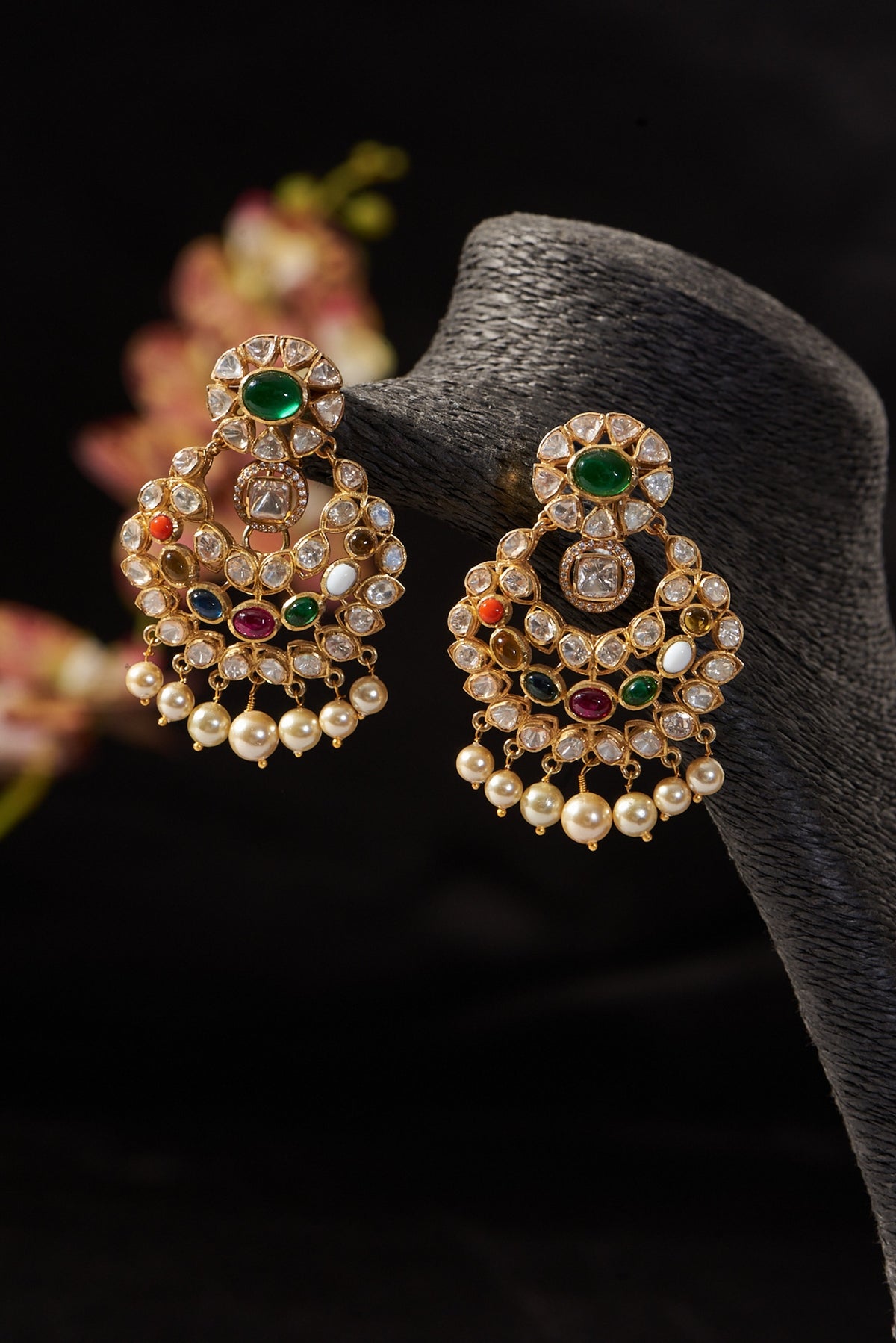 Gold Finish Moissanite Polki & Synthetic Navratna Stone Dangler Earrings In Sterling Silver