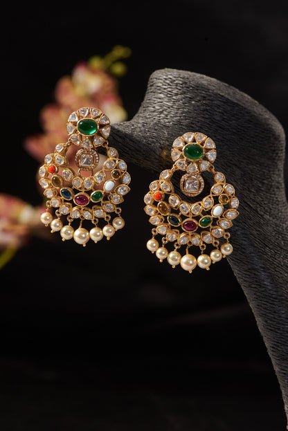 Gold Finish Moissanite Polki & Synthetic Navratna Stone Dangler Earrings In Sterling Silver
