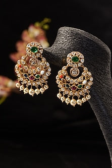Gold Finish Moissanite Polki & Synthetic Navratna Stone Dangler Earrings In Sterling Silver