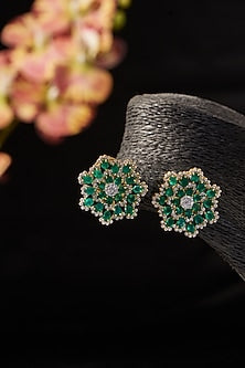 Gold Finish Synthetic Emerald Stone & CZ Stud Earrings In Sterling Silver