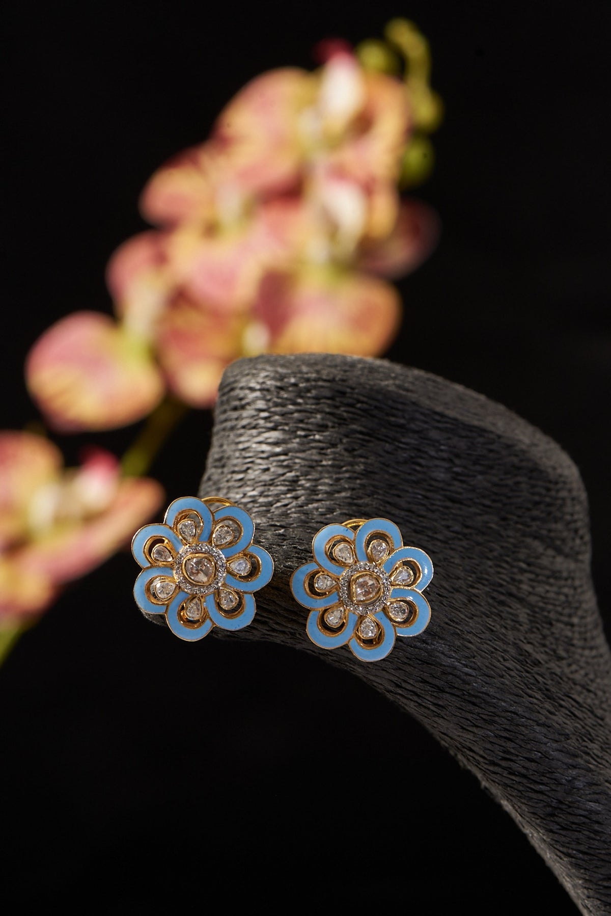 Gold Finish Moissanite Polki & CZ Enamelled Stud Earrings In Sterling Silver