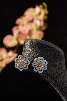 Gold Finish Moissanite Polki & CZ Enamelled Stud Earrings In Sterling Silver