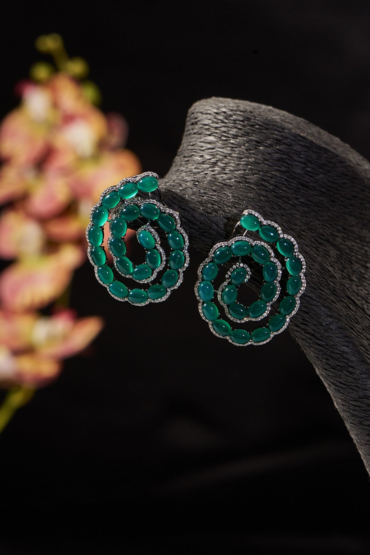 White Finish Synthetic Emerald Stone & CZ Stud Earrings In Sterling Silver